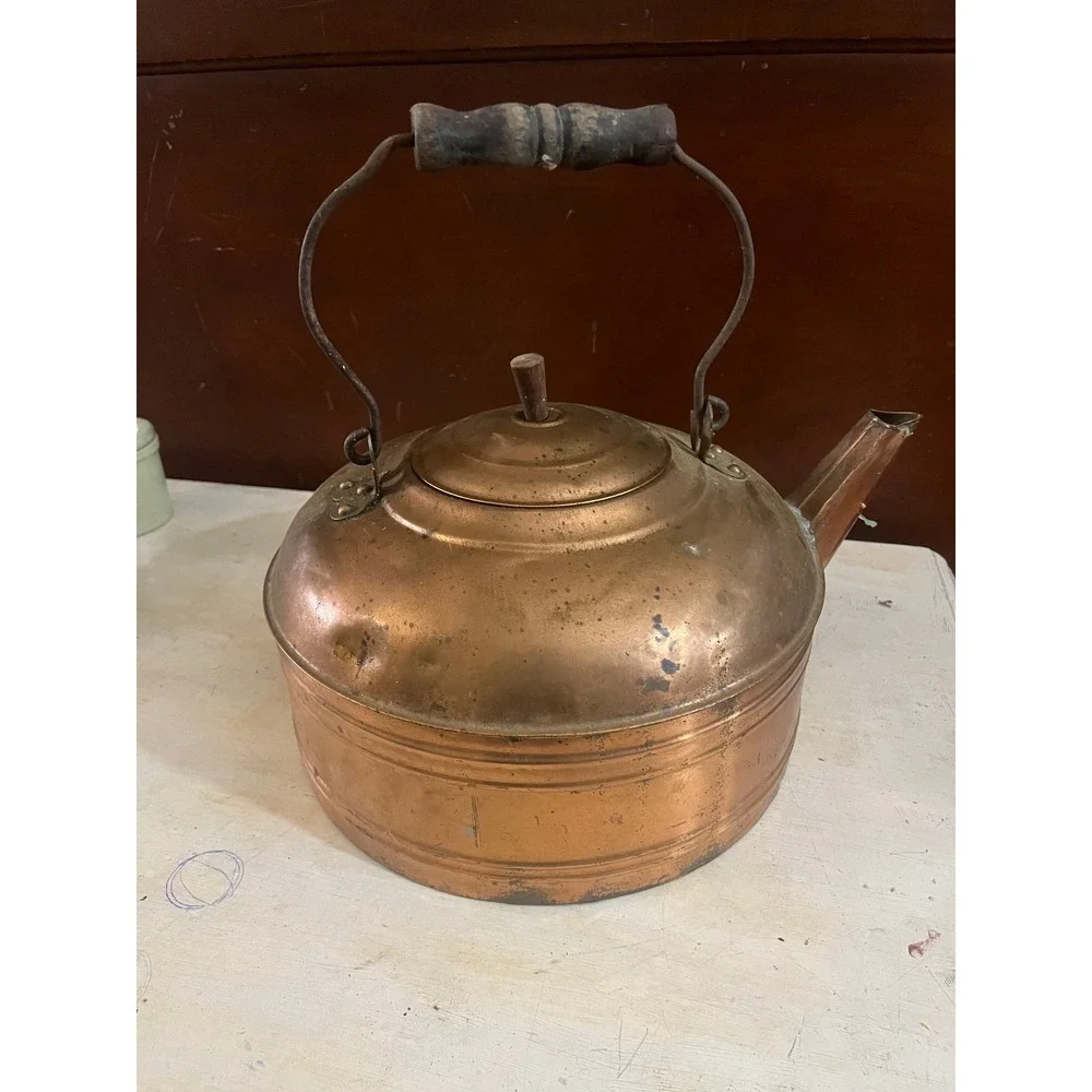 Antique Copper Tea Kettle Primitive Farmhouse Stovetop Pot‎ with Wood Handle 8in
